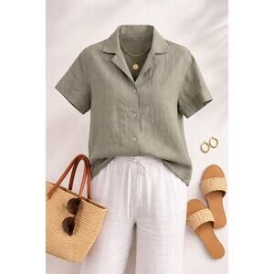 Everlane European Linen Camp Shirt Olive Green Button Front Small Minimalist